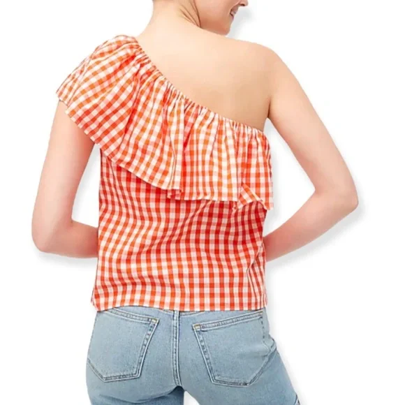 J. Crew XS Gingham Orange One Shoulder Top NWT - Picture 4 of 6